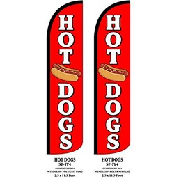 Hot Dogs Red Two(2) Windless Swooper Feather Flag Sign Kits With Pole and Ground Spikes