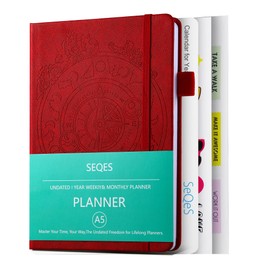 SEQES A5 Undated Planner- Leather Cover with goal tracker,full focus And habit To Increase Productivity organizer And Goal Setting & Reflection Journal | Weekly/Monthly Planner (RED)