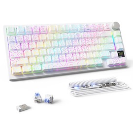 MAMBASNAKE ATTACK SHARK X820 Ultra Wireless Mechanical Keyboard with TFT Smart Display&Knob,75% Bluetooth/2.4GHz/USB-C Wired Gaming Keyboard,Gasket-Mounted Linear Switch with Coiled Cable,for Win/Mac-White
