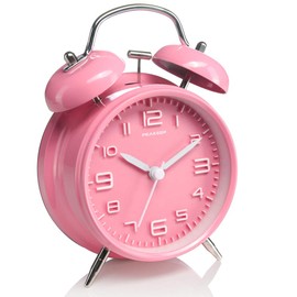 Peakeep 4 Inches Twin Bell Loud Alarm Clock for Heavy Sleepers Kids, Battery Operated Old Fashioned Alarm Clock (3D-Dial, Pink)