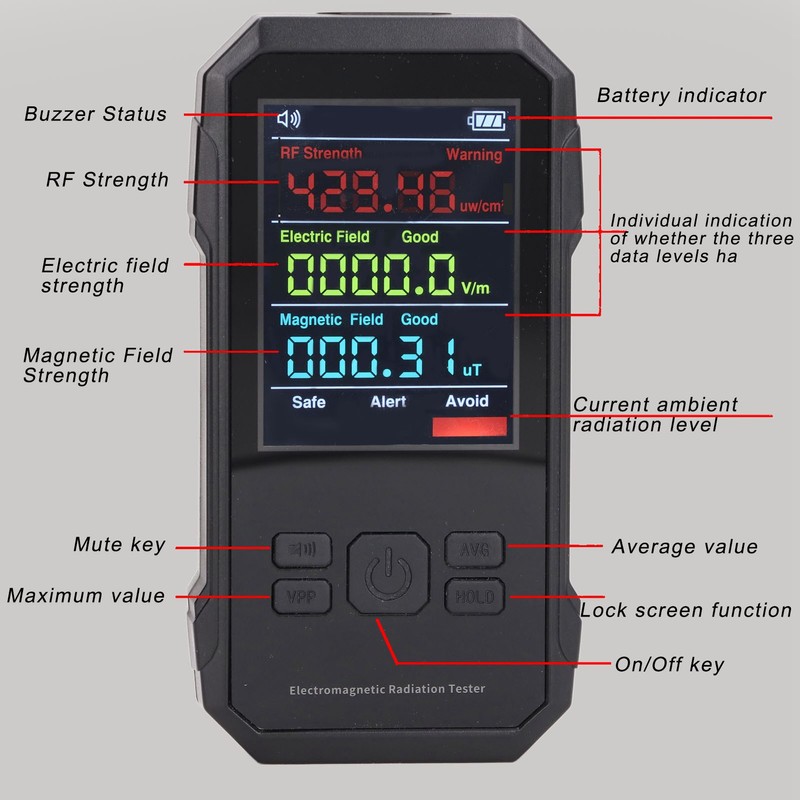 Radiation Detector Black Digital EMF Meter LED Display Handheld RF