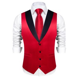 DiBanGu Mens Shiny Satin Vest Tie Set 8PCS Solid Waistcoat and Pre-tied Bowtie Shawl Collar Dress Vest for Wedding Formal, Red, Medium