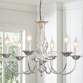 Jaycomey Silver Farmhouse Candle Chandelier, 6-Light Rustic Industrial Pendant Ceiling Light Fixture, Ceiling Hanging Lamp for Hallway Kitchen Dining Room Foyer, E12 Base, Silver