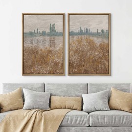 SIGNLEADER Framed Canvas Print Wall Art Set Impressionist Riverbank Golden Wildflowers by the Water Illustrations Modern Relax/Calm for Living Room, Bedroom, Office - 16"x24"x2 NATURAL