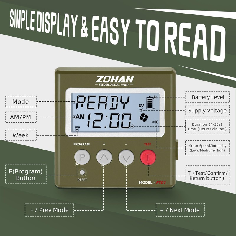 ZOHAN FT01 Deer Feeder Timer - Universal 6V/12V 24h Automatic