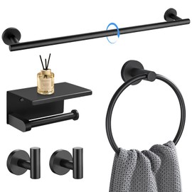 5-Piece Towel Bar Set Black Bathroom Hardware Accessories Set Upgraded Toilet Paper Holder with Shelf Towel Holder Set for Bathroom Stainless Steel Wall Mounted