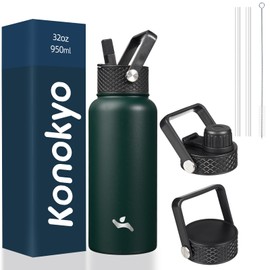 Konokyo - Botella de agua aislada de acero inoxidable con 3 tapas, color verde militar                                                                