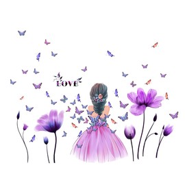 Pinenjoy Butterfly Girl Wall Stickers Flower Fairy Wall Decal Purple Tulip Floral Wall Mural Colorful Butterfly Wall Decor Removable Vinyl Wall Art for DIY Girls Bedroom Nursery Playroom