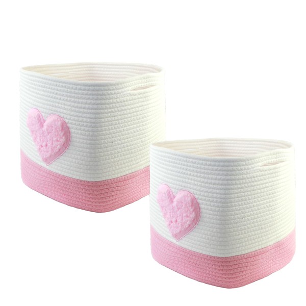 Storage Basket, 28 x 28 x 28 cm, Square Braided Baskets Made of Cotton Rope, Small Braided Baskets for Sorting, for Children's Rooms, Offices, Decorative (Set of 2, Pink Heart)