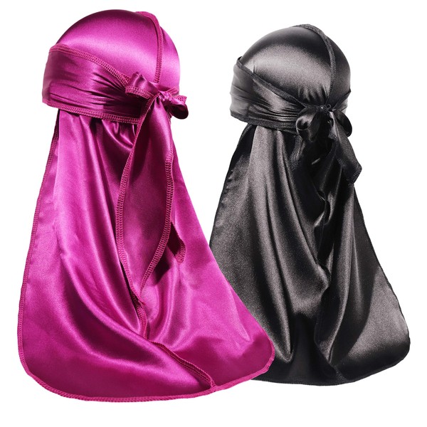 ForceWave 2 Pieces Silky Durag Pack for Men Women Waves, Premium Satin Deluxe Du-rag (Black Purple)