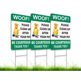 3X Double Sided 12x8 Please Clean Up After Your Pet Sign - Yard Lawn Fun Pet Signs - Collect Dog Poo and Don't Wet Also No Dog Poo for the Yard - Signs to Curb Your Dog with Metal H-Shaped Stakes