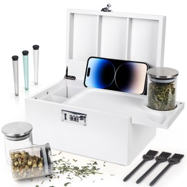 TISEMENT Large White Bamboo Box with Combination Lock, Decorative Storage Box with Detachable Compartment, Wooden Boxes with Alright Jars & Brushes & Storage Tubes as Great Gift Choice.