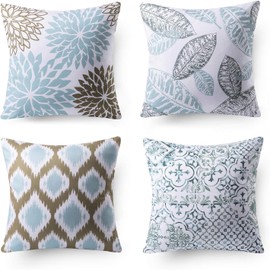 ASTNIC Throw Pillow Covers Set of 4 Flannel Leaf Dahlia Geometric Pillow Covers 18 x 18 Boho Modern Farmhouse Style Decorative Cushion Cases for Home Couch Sofa Bed