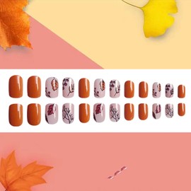 Maple Leaves Press on Nails Short Square Thanksgiving False Nails with Branches Design Orange French Stick on Nails Full Cover Glossy Acrylic Nails Fall Glue on Nails for Women Festival Nails 24Pcs