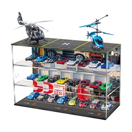 Display Case for Hot Wheels with LED Lights – 1/64 Scale Acrylic Toy Car Parking Garage, Die-cast Car Storage with Helicopter Landing Pad, Wall Mount or Desktop Stand, No Assembly Required (Large)