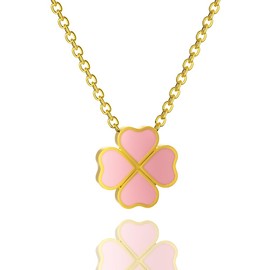 Four Leaf Clover Pendant Necklace For Women, 18K Gold Plated Chain, Lucky Charm (1, pink)