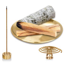Incense Holder 5.5 inches, 5 in 1 Incense Burner, Palo Santo Holder, Sage Holder, Incense Holder for Sticks/Coil Incense/Incense Cones, Brass Insence Sticks Holder Meditation Accessories for Yoga Room