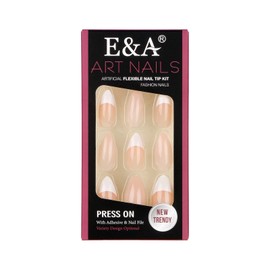 E&A Press On Nails - French Tips| UV Finish Short Pointed Almond Shape, Reusable Pastel False Nails, Acrylic Fake Nail Tips Press On Manicure Kit - 28PCS