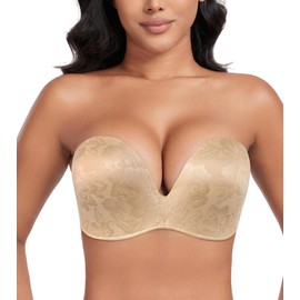 DotVol Women Strapless Push Up Bra Custom Lift Invisible Wing Shape Anti-Slip Wirefree Bra(Wing Floral Beige,40C)
