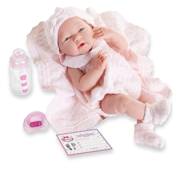 Real Girl Baby Doll 15" | Anatomically Correct | JC Toys - La Newborn | Made in Spain | Pink Knit Outfit & Accessories | Ages 2+