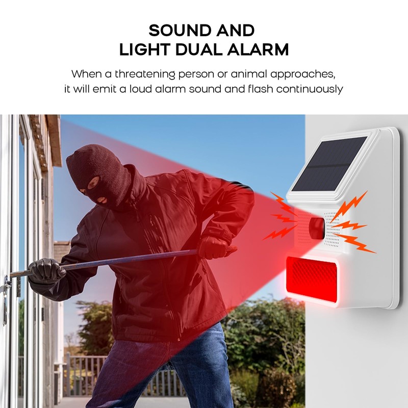 PGST Solar Motion Alarm,Outdoor Siren Detector with Flashing Light,IP65 Waterproof,Remote