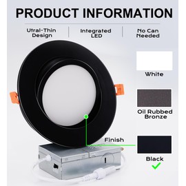 CLOUDY BAY [4 Pack] 6 inch 5 Color Swivel LED Gimbal Recessed Light with Junction Box IC Rated Air Tight,120V CRI90+,2700K/3000K/3500K/4000K/5000K Selectable,Black
