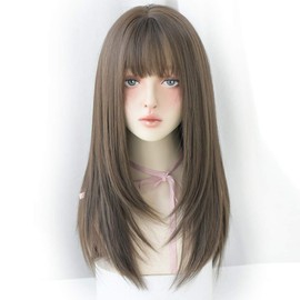 URCGTSA 22 Inches long Hair Wig for Women Black Synthetic Hair Natural Long Straight Wig With Bangs Party Cosplay Wig for Girl（Cold brown）