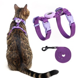VKPETFR Cat Harness and Leash Set with Airtag Holder for Walking & Travelling, Escape Proof Cat Harness for Small Medium Large Kitten, Adjustable Lightweight Soft Cat Vests (Purple)