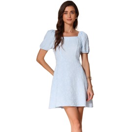 Allegra K Jacquard Floral Dress for Women's Square Neck A-Line Summer Puff Sleeve Dresses Medium Light Blue