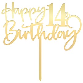 Bekaterea - Decoración para tartas de cumpleaños número 14, acrílico dorado con espejo, duradero, decoración para tartas de fiesta de cumpleaños 14, Hello 14 años, Happy 14 años, 14 cumpleaños, 14
