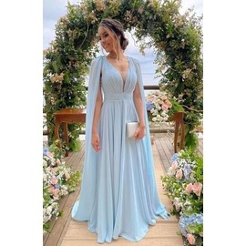 Women's Bridesmaid Dresses with Sleeves Pleated Chiffon V Neck Formal Evening Gown Gold 8