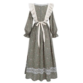 LTAKK Colonial Dress Women Pioneer Costume Prairie Pilgrim Dresses with Headscarf and Pinafore, Olive Green, Medium