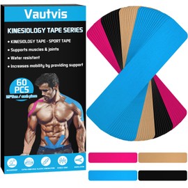 Vautvis Kinesio Tapes, 60 Kinesiology Tapes Strips Precut (25 x 5 cm), Kinesiotapes, Tape Sport, Waterproof & Skin-Friendly Physio Tape and Sports Tape Provides Support for Joints and Muscles