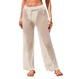 BreathSunny Womens Crochet Open Knit Tie Drawstring Swimsuit Coverup Pants Summer 2025 Trendy Elastic Waist Mesh Swimwear Coverups Beach Swim Bathing Suit Cover Up Long Pant Cream White M
