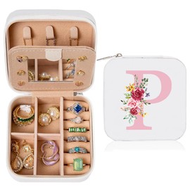 Small Jewellery Box with Initial Letter P and Flower Initial Jewellery Box Travel Organiser Box Gifts for Women Girls Gifts for Christmas Birthday Wedding Bridesmaid White