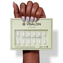 VSALON Press-On Nails - Short Almond Pink Pearl Finish Design, 32 PCS in 16 Sizes, Reusable Nail Kit with Long-Lasting UV Glue, Adhesive Tabs & Nail Glue (Wave White)