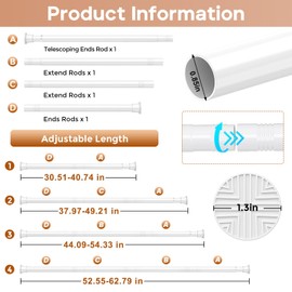 WEIXINHAI White Spring Tension Curtain Rods 30 to 63 Inch Adjustable Expandable Spring Loaded Curtain Rods No Drilling Suitable for Small Short Tension Rods 33-59 Inch Doors, Windows, Closet