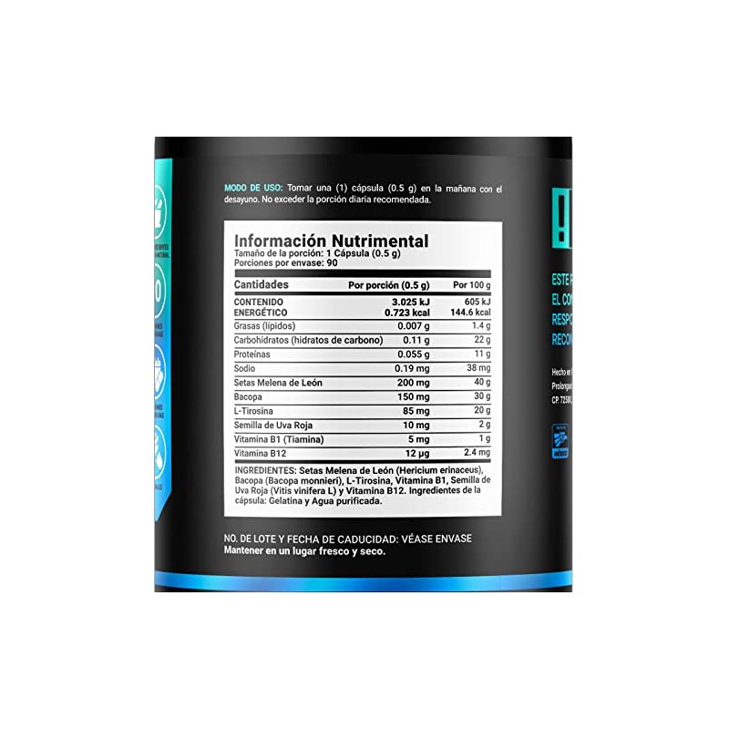 Clear Blend de 90 cápsulas. Ingredientes naturales: Hongo Melena de
