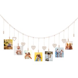 Jasfyee Wall Hanging Photo Display, Hanging Photo Display Wall Decoration with 9 Wooden Clips, 54 Inch Heart-Shaped Wall Decoration for Hanging Photo Postcards, Bedroom, Bathroom, Living Room
