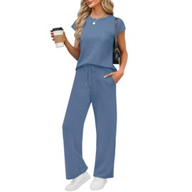 WIHOLL 2 Piece Sets for Women Summer 2025 Lounge Sets Country Concert Outfits Business Casual Matching Sets Women Clothing Wide Leg Pants Pajama Sets Conjuntos De 2 Piezas Para Mujer Blue S