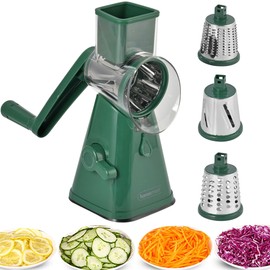 Rotary Cheese Grater Handheld Vegetable Slicer with 3 Stainless Steel Drum Blades, Carrot Grater for Kitchen, Slicer Shredder for Cheese, Cucumber, Nuts, Strong Suction Base, Easy to Use - Green