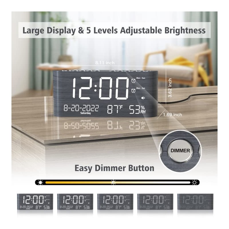 Mesqool Digital Alarm Clock, with Calendar Temperature and Humidity, Loud