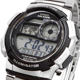Casio World Time Digital Men's Watch AE-1000WD-1AV Overseas Model Metal Band, Silver, Metal Band Silver (AE-1000WD-1AV), Bracelet Type