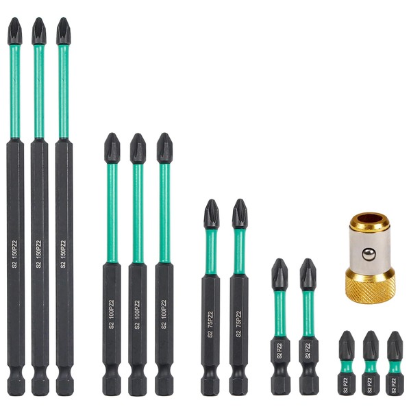 14Pcs PZ2 Magnetic Impact Driver Bits with Head Magnetic Ring,