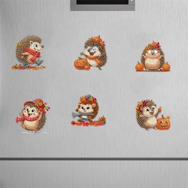 Meecaa 6 Pack Hedgehog Animal Pumpkin Fridge Diamond Art Magnets Diamond Art Kit Diamond Painting Stickers for Adults DIY Home Decor (Hedgehog)