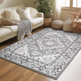 Lessymo 3 x 5 Area Rugs for Living Room- Machine Washable Area Rugs Boho Faux Wool Low Pile Area Rug for Bedroom Floral Medallion Vintage Rugs with Non-Slip Rubber, Kid & Pet Friendly,Grey Beige