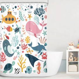 Mitpok Small Stall Kids Shower Curtain 54Wx78H Rv Kid Ocean Cartoon Whale Funny Underwater Sea Life Beach Half Narrow Bathroom Decor Coastal Submarine Fish Bath Curtain Fabric Polyester 12 Pack Hooks