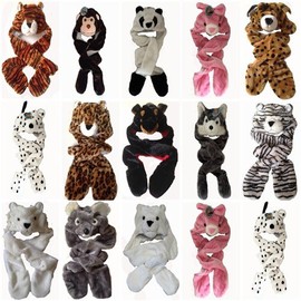 Drew Brady Kids Faux Fur Animal Head Long Trapper hat Hood Scarf Snood with Built in Mitten Covers (Wolf/Husky Dog), 4-13 Years