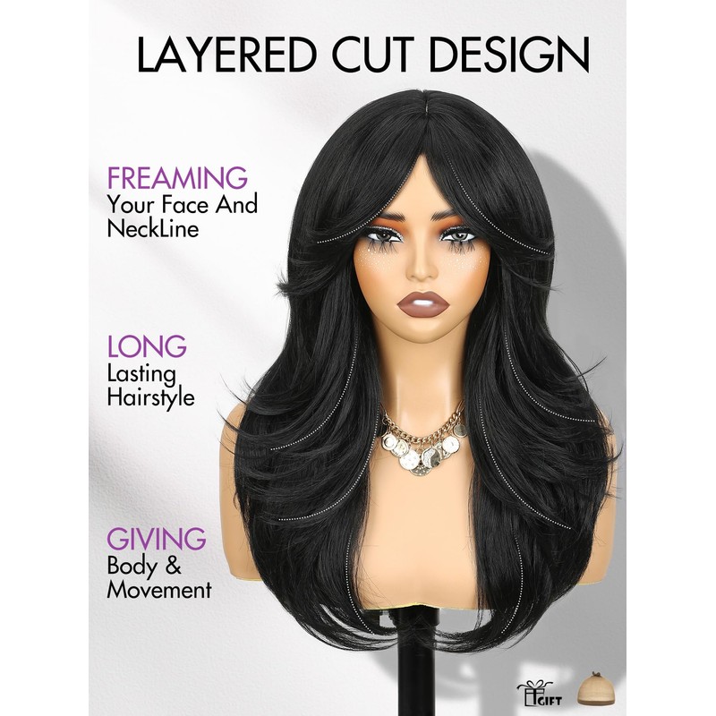 WIGER Layered Wavy Wig with Bangs Middle Part Glueless Curtain