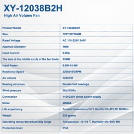 Smtime XY-12038B2H High Air Volume Fan, Model XY-12038B2H Cabinet Cooling Fans 110V-220V 0.06A 50/60HZ EC-Fan 12CM 120×120×38mm 2PCS